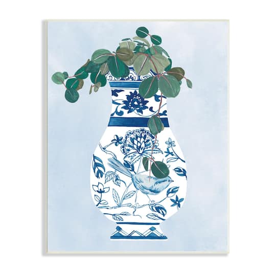 Stupell Industries Green Vine Plant Ornate Blue Bird Vase Wall Plaque